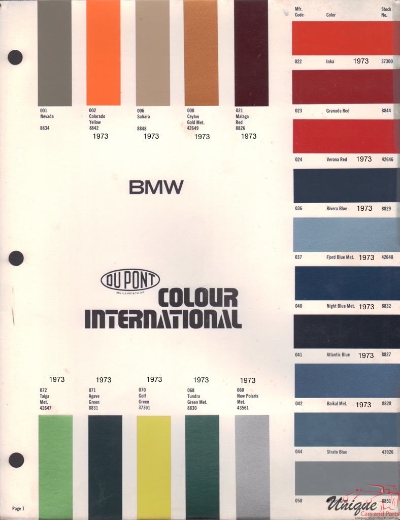 1973 BMW International Paint Charts DuPont 1